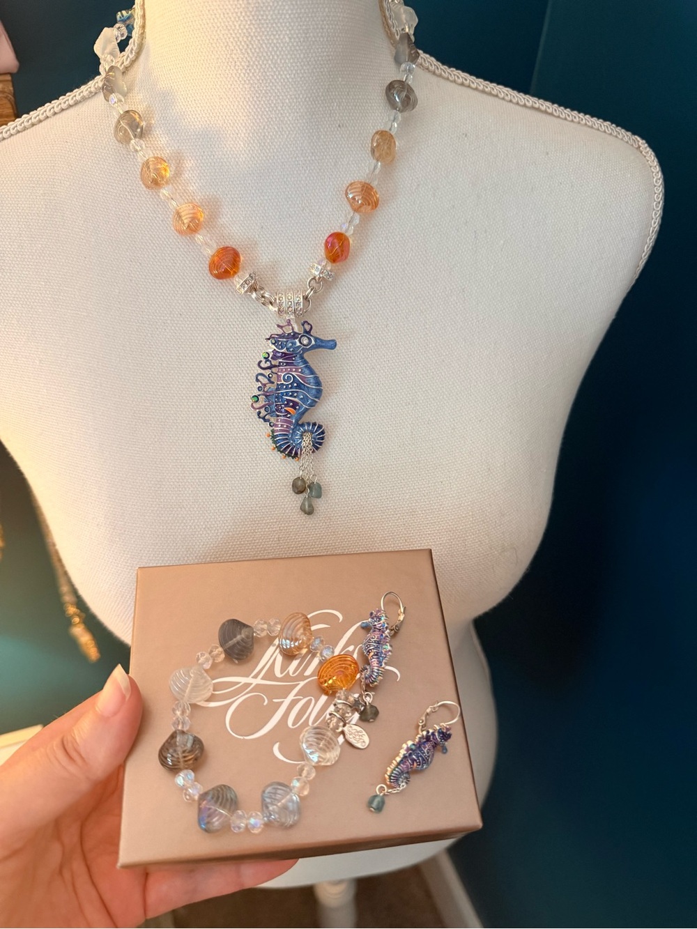 Kirks Folly Shell Necklace Seahorse Magnetic Enhancer, Earrings & Bracelet Set